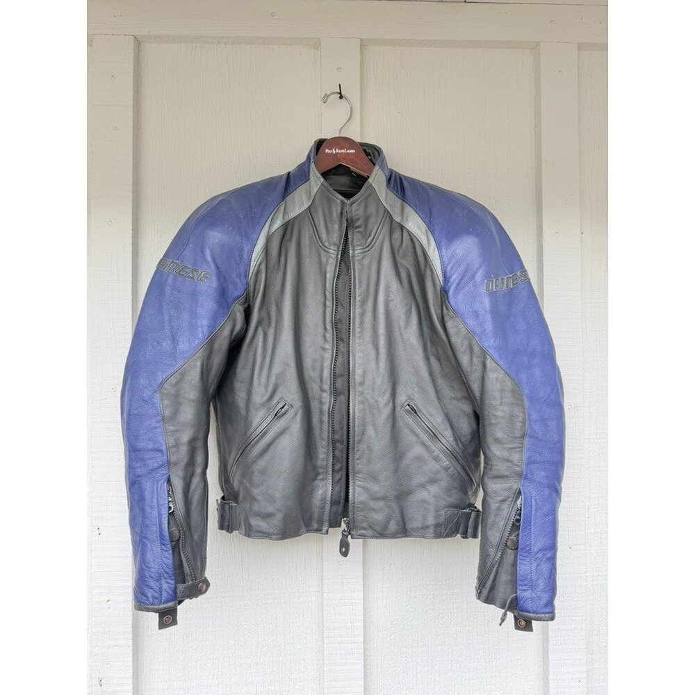 Dainese Mens Leather Motorcycle Jacket Touring Blue Black Grey Made in Italy 48